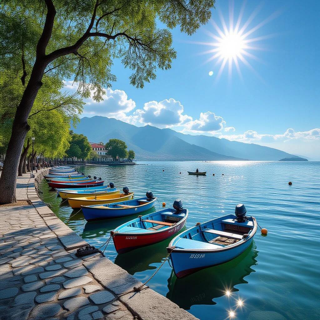 A scenic view of Lake Chapala. Colorful boats are docked along the shore. Bright sun shines over the mountains in the background. Clear blue water reflects the sky and boats. Trees line the walkway next to the lake.