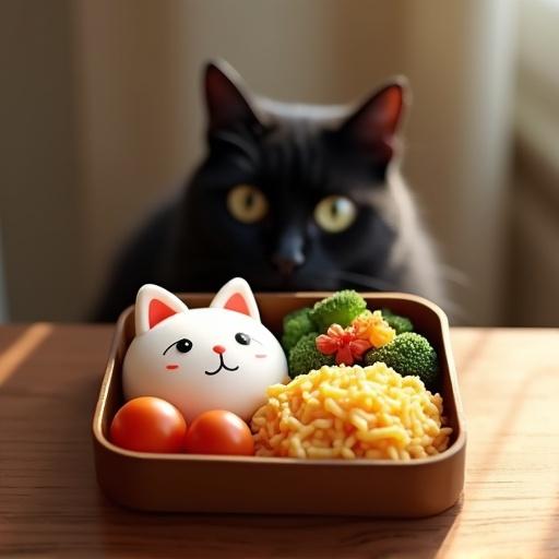 Realistic photo of a Hinomaru bento lunch box with a black cat in the background. Box contains rice, broccoli, tomatoes, and a cute cat-shaped food item.