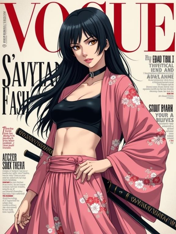 Female exiled swordswoman in a pink floral kimono. One hand on her hip and the other gripping a sheathed katana. Body relaxed with a serious expression. Long straight black hair. Hazel eyes and toned midsection on display. Fashion magazine style resembling Vogue. Background features stylish fashion quotes and the subtitle 'SOUL SOCIETY.'