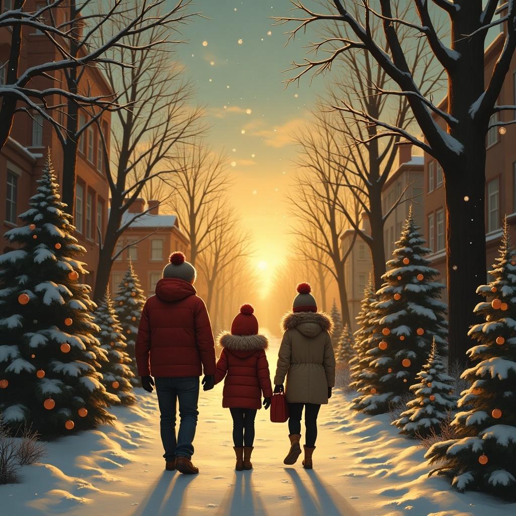 Family walking in the snow during a sunset. Trees decorated with ornaments line the street. The atmosphere is festive and warm.