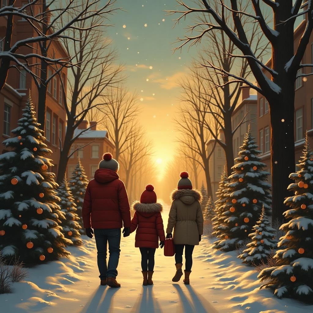 Family walking in the snow during a sunset. Trees decorated with ornaments line the street. The atmosphere is festive and warm.