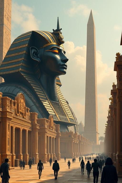 Ancient Egyptian architecture features a giant mechanized sphinx towering over a busy street. The sphinx's head is dark with gold inserts and glowing orange eyes. The face bears a stylized human-like design, adorned with a pharaonic headdress. A wide city avenue with monumental buildings that combine ancient design and futuristic elements. Obelisks and pyramidal roofs illuminate the environment. People in dark attire walk among futuristic vehicles in a vibrant urban scene.