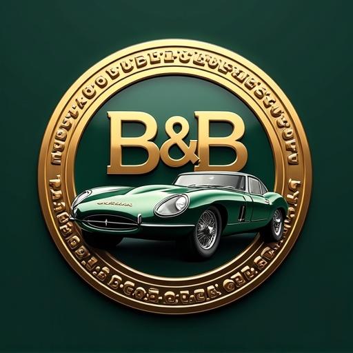 Modern logo design featuring B&B Automobiles. Two mirrored B letters create elegance. Dark green background with gold gradient. Jaguar E-Type represented with sporty dynamics. Logo evokes luxury and modernity.