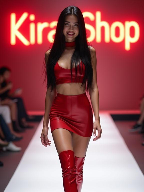 Young woman with long black hair smiles at the camera. She walks down a white catwalk wearing a red crop top and mini skirt with high over-the-knee boots. The Kira Shop sign glows in the background.