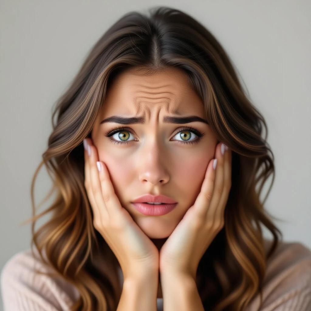Portrait of a worried woman with captivating eyes. Soft background. The woman has long hair. She is holding her face gently with both hands. The overall mood conveys a sense of anxiety or concern. Warm and calming colors dominate the image.