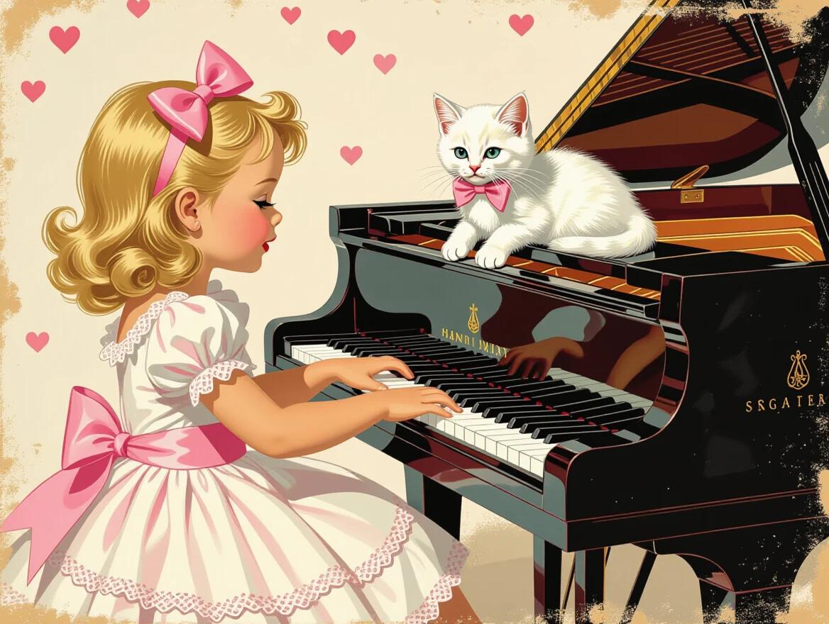 A blonde little girl wearing a white and pink frilly dress plays a Steinway piano. A white kitten with a pink bow sits on the piano. The scene celebrates Valentine's Day with heart motifs in the background. The art style is inspired by Gil Elvgren and others.