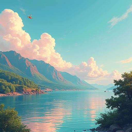 A 2D digital art piece featuring a helicopter flying over a picturesque landscape. The scene showcases mountains, a calm body of water, and fluffy clouds in a blue sky. The colors are soft and vibrant, creating a serene atmosphere.