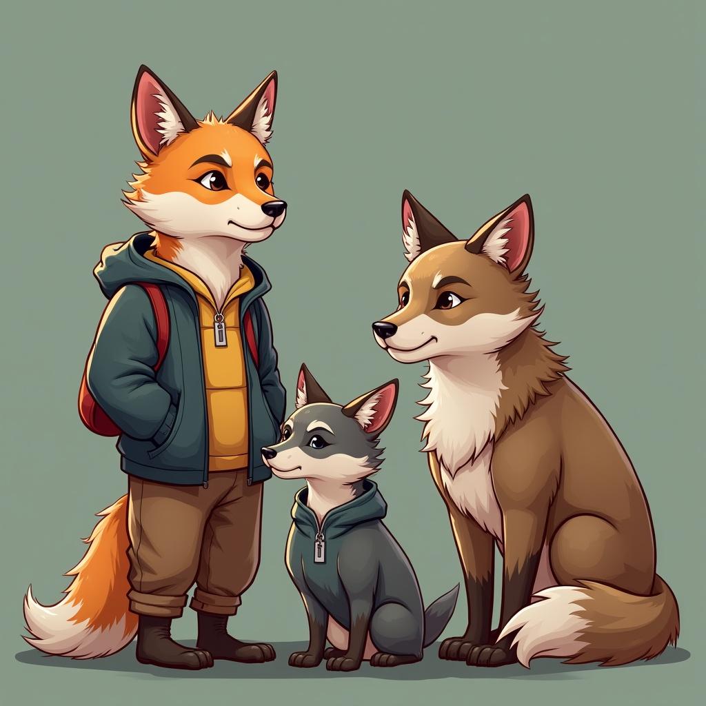 Three cartoon wolf characters in casual clothing. An orange wolf with a backpack stands next to a small gray wolf resembling a puppy. A brown wolf sits with a gentle expression. All characters have friendly features.