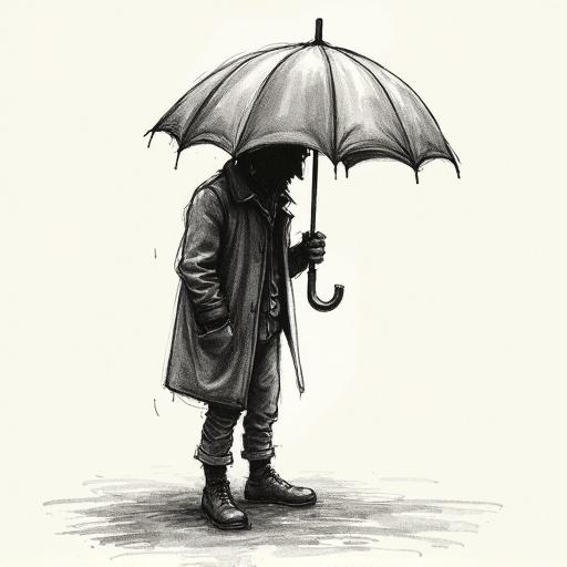 Tired figure stands under broken umbrella. Scribbly style using pencil and ink wash. Mood is dreary and ironic.