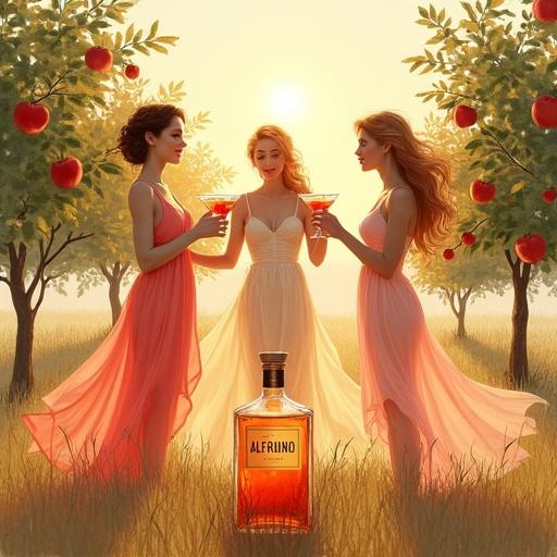Three ethereal goddesses stand in a bright orchard with apple trees. They wear flowing skirts and hold cocktail glasses. A bottle of 'ALFRUNO' glows in the foreground. The style is minimalist and elegant with watercolor pastels.