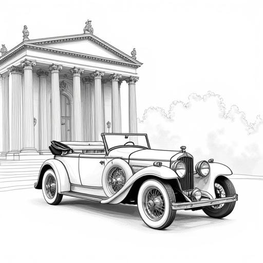 Pristine black and white line art illustration of a sophisticated vintage convertible touring car from the early 20th century. Car characterized by long hood, elegant lines, exposed leather upholstery, classic spoked wheels. Vehicle positioned in front of a grand neoclassical or Beaux-Arts style building with prominent columns and large windows. Art style focuses on clean, precise lines for automobile with delicate shading against impressionistic architectural backdrop.