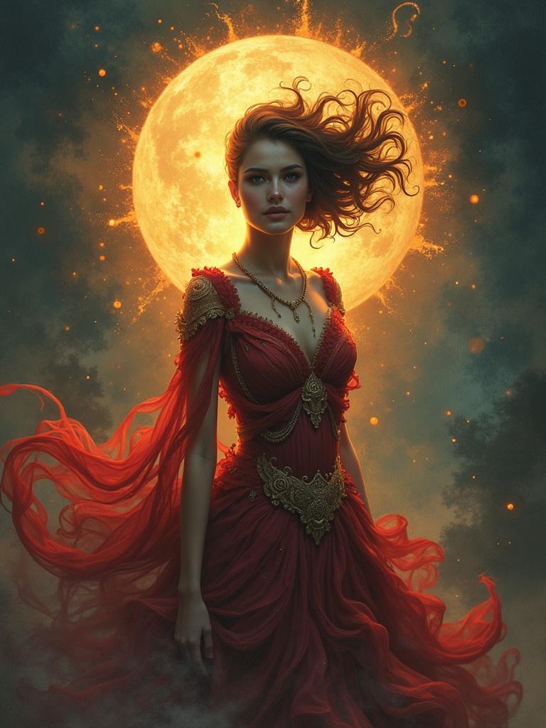 A woman in a flowing red dress standing against a large full moon. The scene evokes a sense of mystery and power. Her hair is caught in an ethereal breeze. The background is mystical with a blend of clouds and light. The overall atmosphere is dreamy and enchanting.