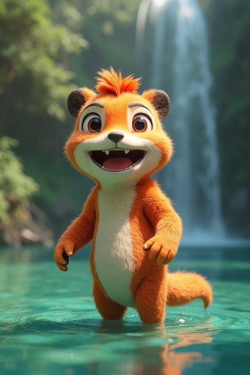 A cartoon fox character stands in a clear blue lake in front of a waterfall. The character is fluffy with bright orange fur and a big expressive smile. The background features lush green trees and cascading water.