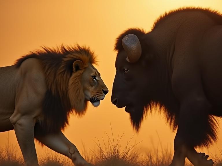 A documentary-style image showcasing a lion and an African buffalo facing each other. The atmosphere suggests tension and confrontation. Warm and dark tones dominate the scene. A VS graphic is in the center.