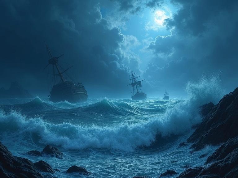 Raging dark blue waves chop under storm-laden skies with ghostly lights beneath the surface and shipwrecks looming.