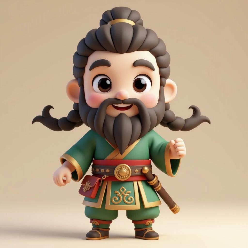 3D cartoon character in Chinese style. Features a young male figure with fluffy brown hair and noticeable monkey-like facial traits. Prominent round eyes, distinctive pointed nose, and tightly pressed lips. Strong limbs. Dressed in traditional attire.