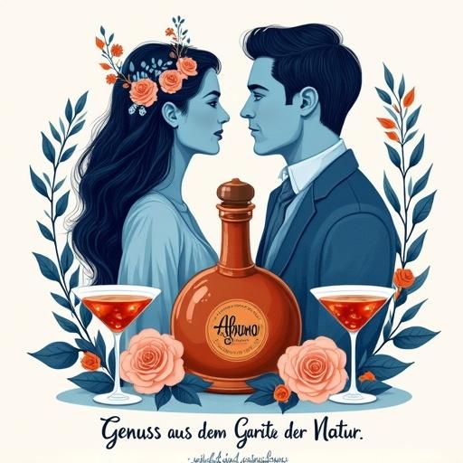 Stylized illustration of a romantic scene with man and woman facing each other. Both in monochromatic blue tone. Woman has long hair with floral headpiece, man has short styled hair. Copper distillation apparatus in background. Lower apothecary bottle of 'Alfruno' with amber liquid. Two martini glasses with same drink. Floral elements like roses and leaves surround scene. German text at bottom. Symmetrical layout with harmonious blend of colors.