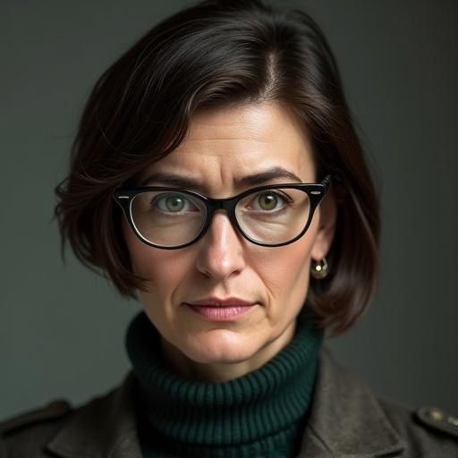 Realistic close-up portrait of a 38 years old Caucasian woman with short dark brown hair. She is wearing black-framed glasses and a dark green sweater under a dark blazer. Her expression is serious with furrowed brows. Direct lighting highlights her skin texture.