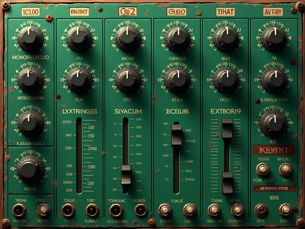 The image features a detailed synthesizer interface with a green color scheme. The layout consists of various knobs and sliders arranged neatly in two main sections labeled 'OSC1' and 'OSC2', along with additional controls for effects like 'CHORUS', 'FILTER', and 'REVERB'. Key elements include labels for pitch modulation and filtering, with visual indicators showing values such as '35.00' and '120.0'. The entire interface has a textured border, giving the appearance of a vintage synthesizer, with labeled sections for modulation sources and arpeggiator settings.
