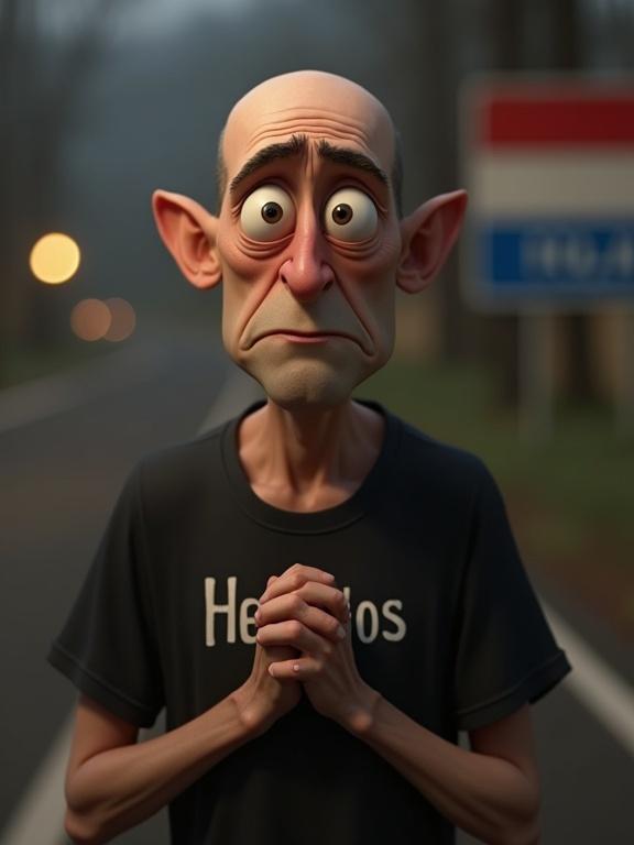 Pixar cartoon of a sorrowful man almost bald with asymmetrical face large pleading eyes ears sticking out hands pressed together near chest wearing black shirt with HELGOS written blurred background border sign showing Poland melancholic expression realistic lighting