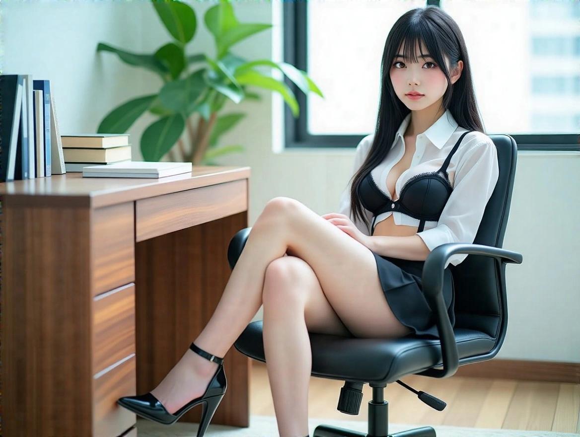 Woman sits at black office chair. She wears transparent black bra and partly discarded white shirt. Black skirt and heels complete her look. Long black hair and brown eyes. Wooden desk has books beside her. A plant and large window are in the room. Realistic photographic style.