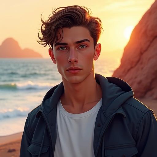 Digital portrait of a young man with wavy brown hair and sharp facial features. He wears a dark blue jacket over a white t-shirt. Standing in a warm sea-like environment with red rock formations in the background. The lighting is soft and warm suggesting sunrise or sunset. Realistic art style with smooth shading and detailed textures evoking a calm mood.