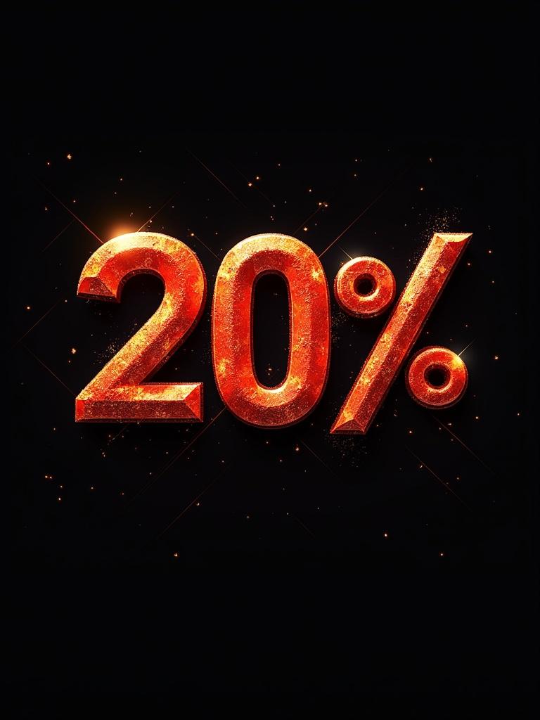 Stylized logo featuring transformed text with dramatic lighting. The number '20%' is emphasized with texture and sparkle.