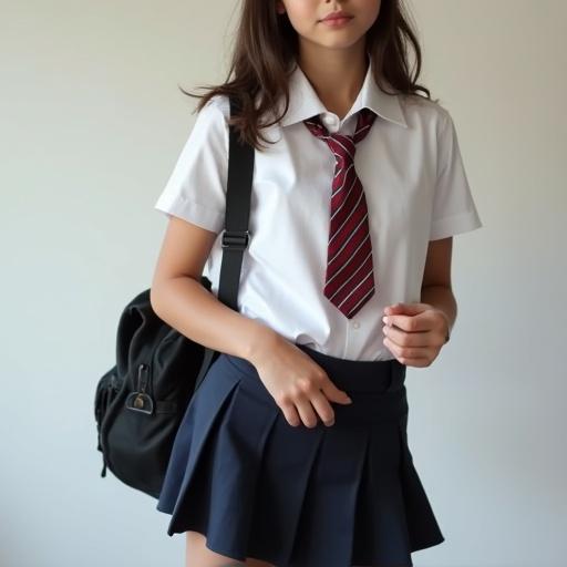 Slim waist school uniform featuring teenage girl in white shirt and navy skirt with backpack and tie.