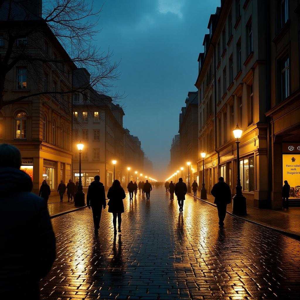 Night time scene showing people walking down a street. The atmosphere appears foggy with lights illuminating the cobblestone pavement.