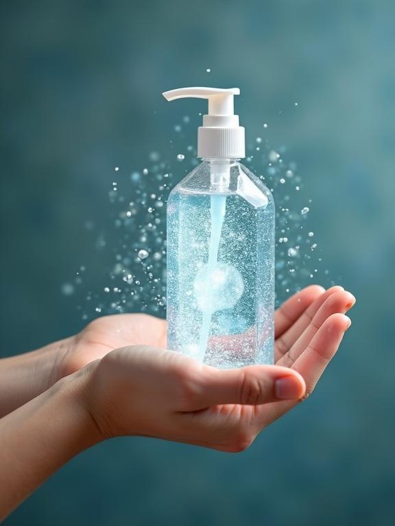 A large bottle of hand sanitizer with gel squirting. Sparkling clean effect. Hands reaching eagerly towards the bottle.