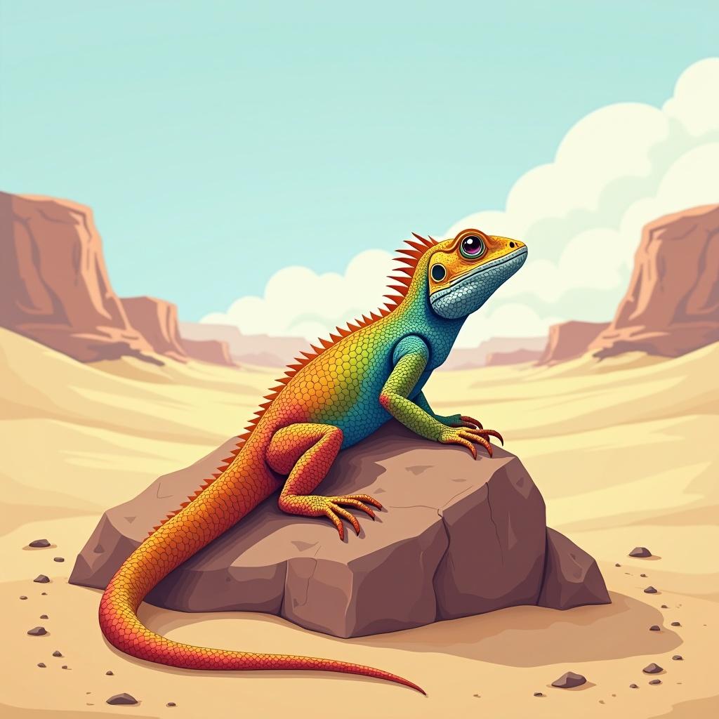 A colorful lizard is posed on a rock. The scene depicts a desert environment with a clear sky and distant mountains. The lizard features vibrant colors and intricate patterns on its skin.