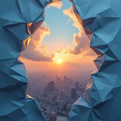 Surreal depiction of a city skyline with sky cracked open resembling a folded paper structure. Details include a vibrant sunset illuminating the scene.