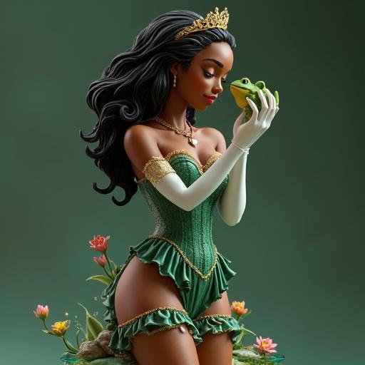 Ultra-detailed hyper-stylized resin figure of a beautiful dark-skinned woman. She holds a frog and displays a sweet powerful expression. The figure wears an emerald green corset with gold details and ruffled skirt. Hair is curly loose topped with a tiara. She has elbow-length white gloves. The base features rocks flowers sparkling water lilies. Overall design is fantastic and provocative ideal for collectible figures.