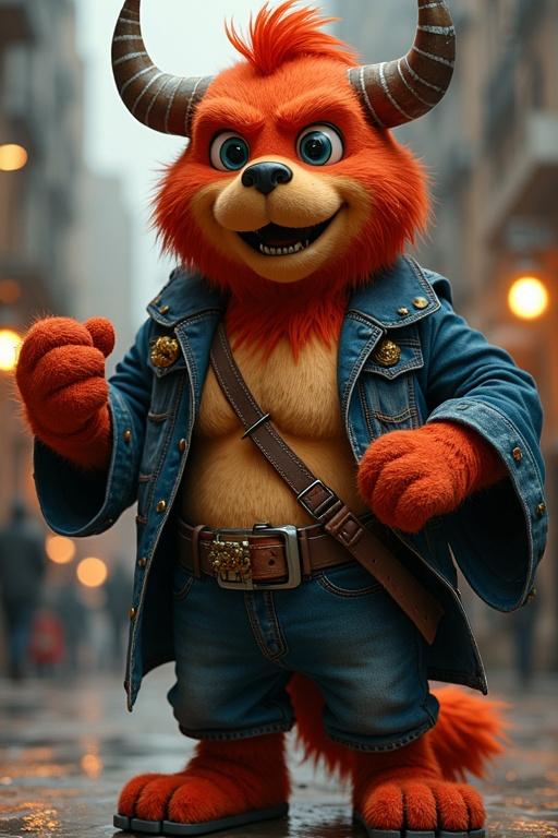 Vibrant cartoon character with orange fur. Character has large horns and wears a denim jacket. Charming expression with a confident stance. Background shows a quaint street with warm lighting.