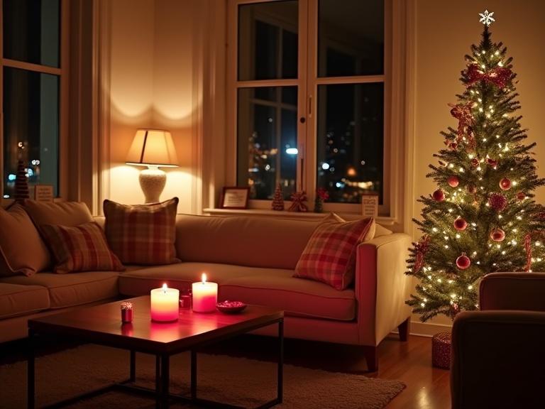 Cozy living room in a fancy beige apartment at night. Dim warm lighting adds romance. A single couch with checkered cushions. Red candles placed on the coffee table. A decorated Christmas tree with ornaments. The atmosphere feels inviting and festive. Overall room captures holiday spirit with simple elegance.