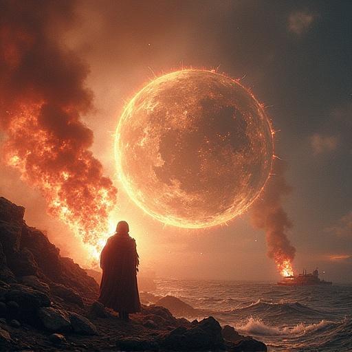 Depiction of a war featuring advanced psionic powers. A figure stands on rocky terrain. Brightly glowing sun dominates the sky. Fiery elements suggest destruction. Ocean waves in the background.