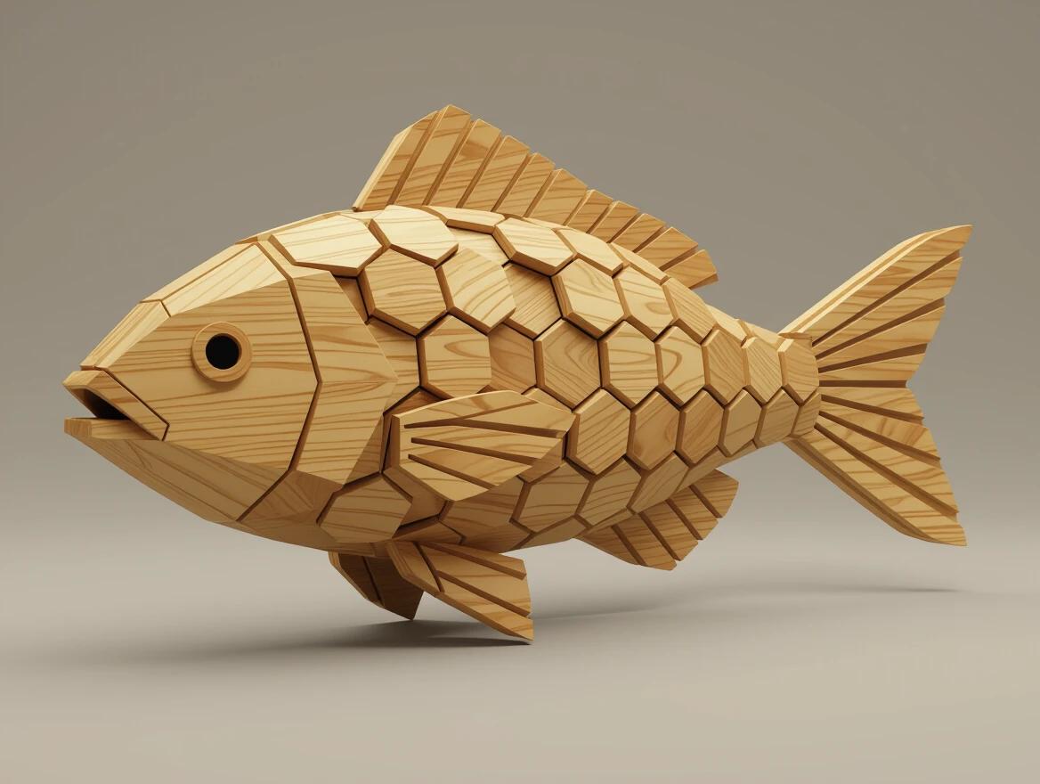 3D wooden fish crafted from hexagonal wooden tiles. High-quality structure with perfect design. Stunning detail and flawless appearance in 4K resolution.
