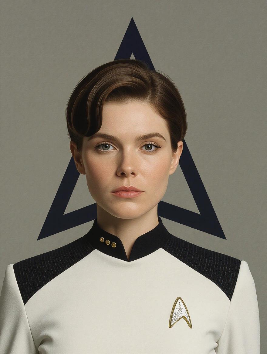 Hyperrealistic depiction of a Star Trek captain with a white and black bodysuit, featuring a striking Star Trek emblem. Subject has light blue eyes, pale skin, and a shy yet sensual expression. Cinematic lighting enhances the features against a neutral background. Includes design elements reminiscent of futuristic sci-fi.