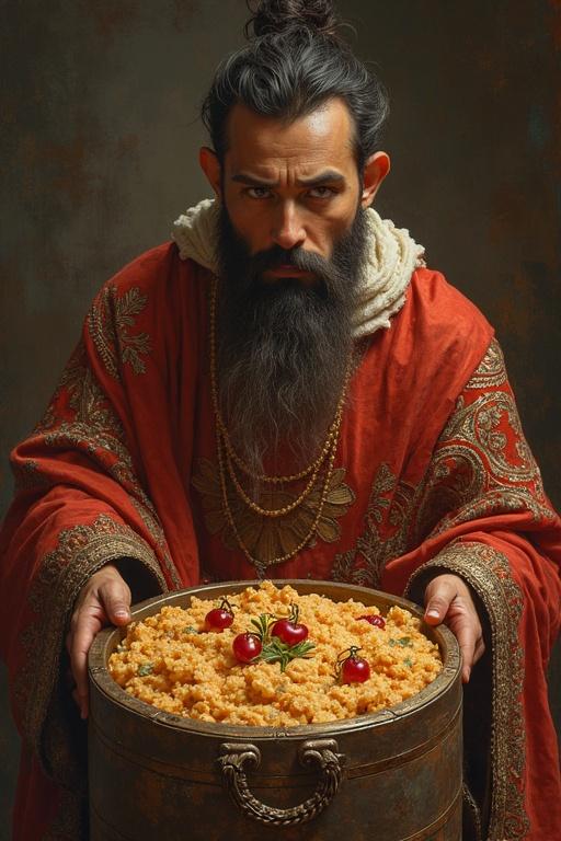 A man with a beard and long hair dressed in traditional attire holds a large wooden bowl filled with colorful food adorned with cherry tomatoes. He displays a serious expression.