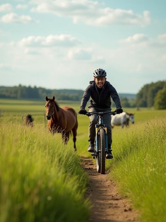 MTB biker rides through a lush green field with horses in the background. Scenic countryside with blue sky and white clouds. Biker is in athletic gear and helmet. Tall grass lines the trail. Horses appear calm and grazing.