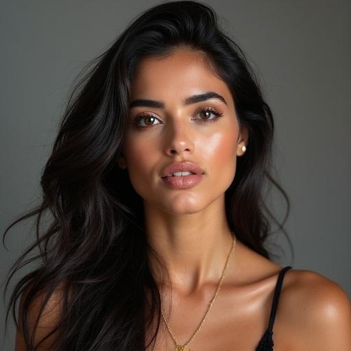 Portrait of a young woman with long hair featuring soft lighting and neutral background. The subject has a natural and glowing appearance. She poses with a confident look.