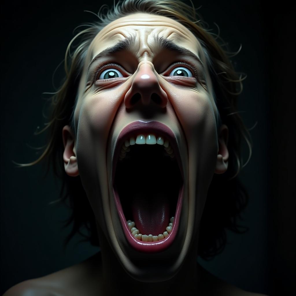 Image features a close-up of a face filled with fear. A person is screaming in horror. The mouth is wide open and eyes are terrified. Dark lighting creates shadows. The color palette is dominated by dark colors, creating an eerie atmosphere.