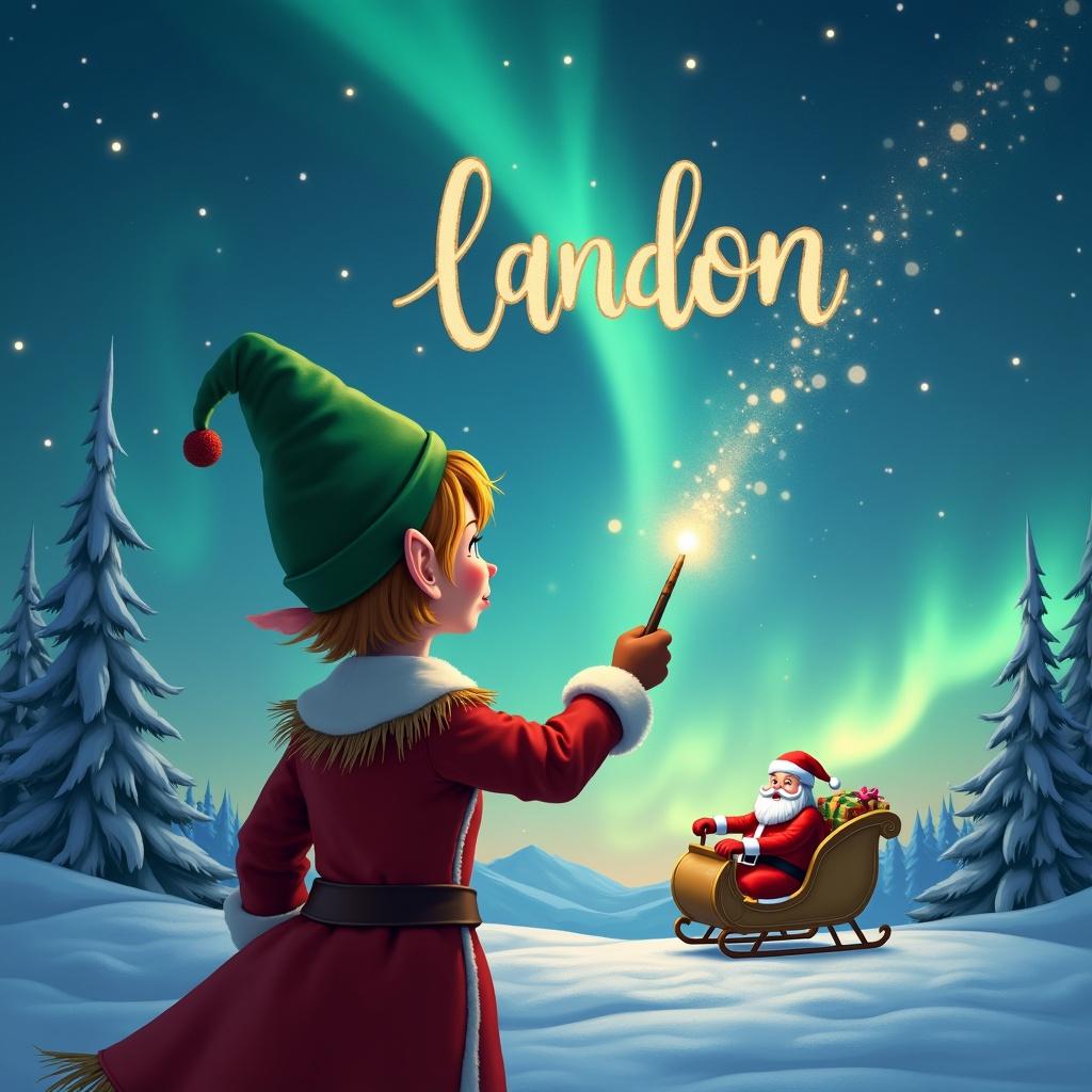 Elf facing magical sky. Wand writing names in the air. Background has northern lights and Santa. Name written is Landon.