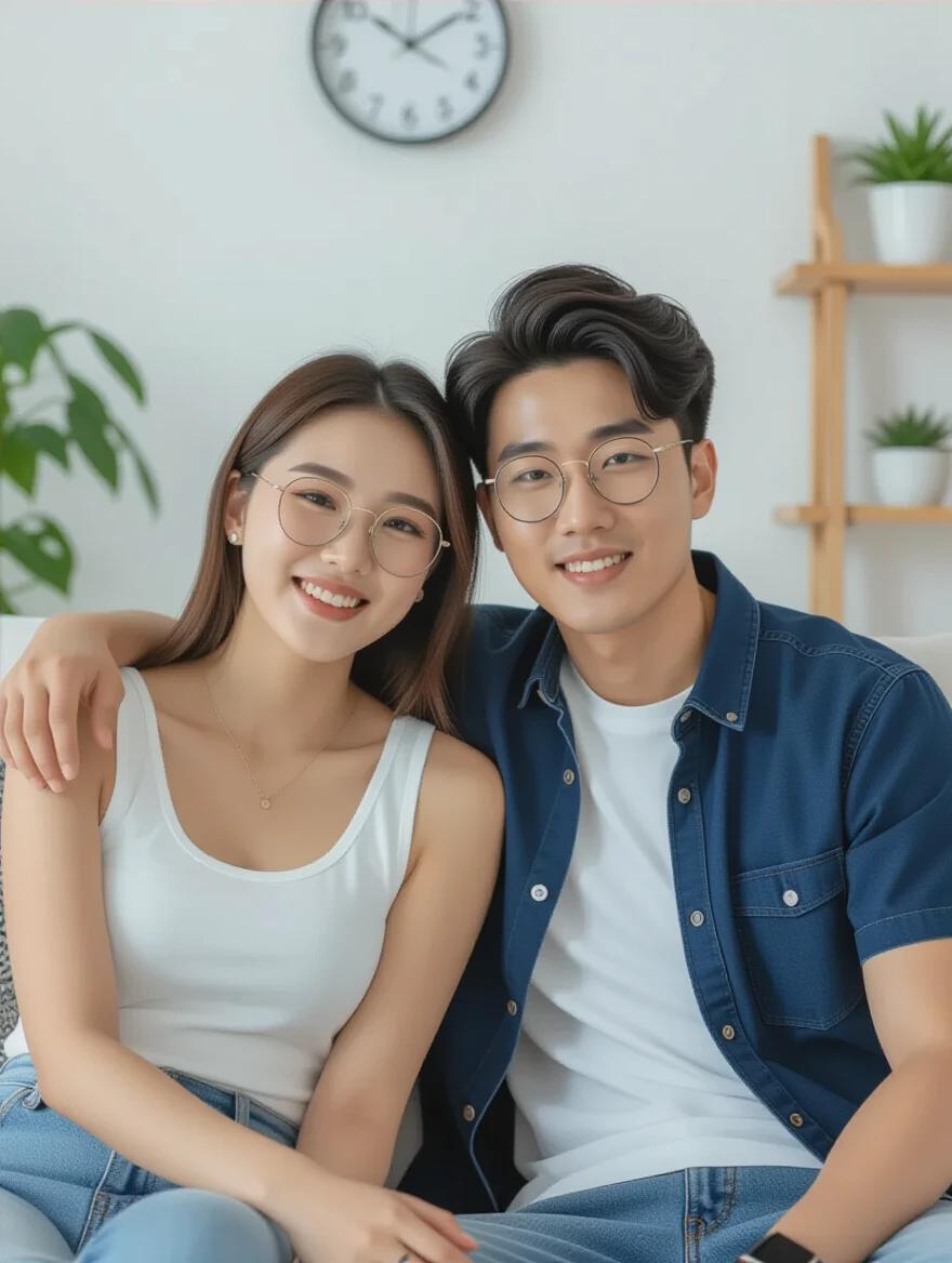 High-quality photo of a young Asian couple sitting on a sofa in a stylish room. Woman has natural makeup and wears a tank top. Man is dressed in modern Korean fashion. Woman leans on man's shoulder. Both look at the camera. Background includes plants and a clock.