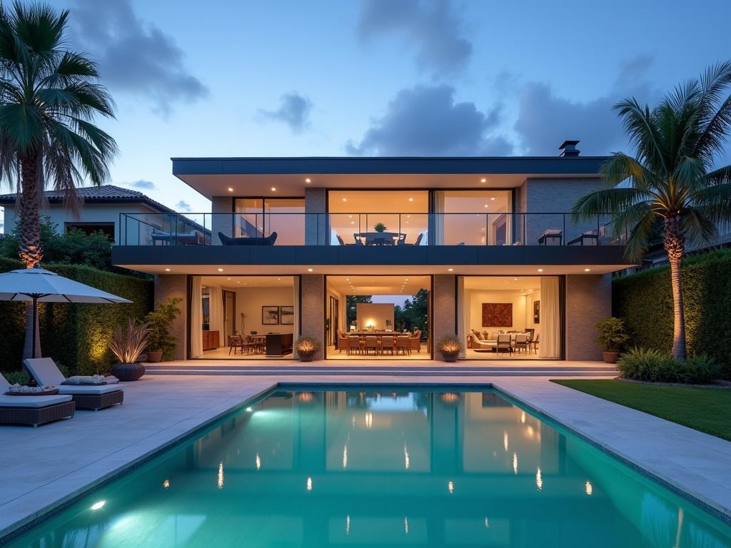 The image features a modern luxury villa with an inviting swimming pool. It showcases large glass doors that open into the beautifully designed interior, allowing a view of the living space. The surroundings are complemented by palm trees and a soft, tranquil ambiance at twilight. The pool reflects the evening sky, creating a serene atmosphere. The villa exudes elegance with stylish outdoor furniture and well-maintained landscaping, ideal for relaxation or entertaining guests.