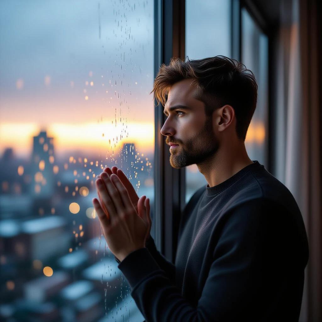 Ultra realistic cinematic 4K photo of a man standing near a large window on a rainy morning. Hands gently resting on the glass. Soft light illuminating his face. Raindrops visible on the glass. Blurred cityscape in the background. Warm muted colors creating a calm mood. Shallow depth of field and volumetric light effects.