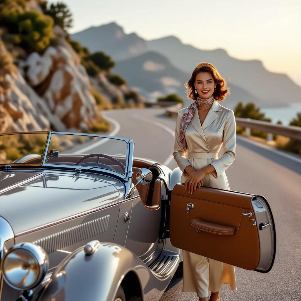 A woman stands beside a 1936 BMW 328 Roadster on a mountain road. She wears a silk driving suit and scarf. The car door is open, revealing a tan leather interior. Light steam wisps gently rise from the radiator. A picturesque Mediterranean backdrop surrounds the scene at sunset.