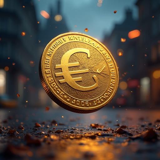 Dynamic YouTube preview depicting a golden coin with ruble symbol soaring amidst flying dollar bills. Night city background with illuminated exchange candlestick charts. Colors dominate in dark blue, gold, and red.
