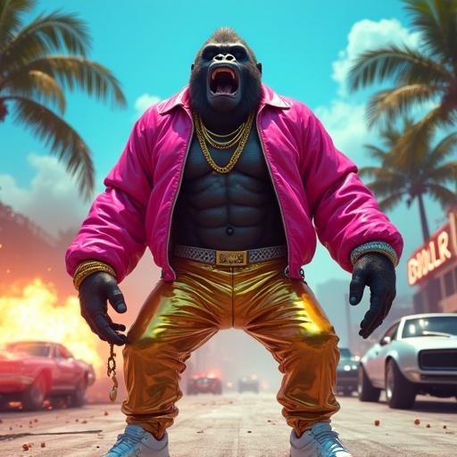 Ultra-photorealistic close-up of a humanoid gorilla in a chaotic neon-lit street. Gorilla wears a hot pink bomber jacket, ripped chest, gold chains, golden pants, and designer sneakers. Fierce expression mid-roar, surrounded by shell casings and debris. Flaming cars and palm trees in the background under blue sky. Bright daylight with dramatic shadows and lens flares. Full-body perspective from low angle for scale.
