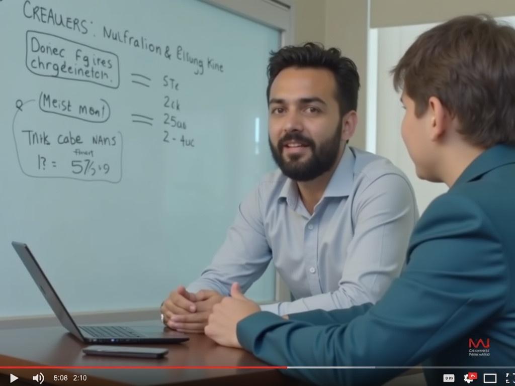 YouTube video thumbnail showing two individuals engaged in a finance discussion in front of a whiteboard. Materials for learning finance for BBS fourth year are displayed. Laptop is present on the table for reference.